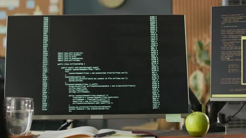 Computer Screen with Running Program Codes in Office Interior
