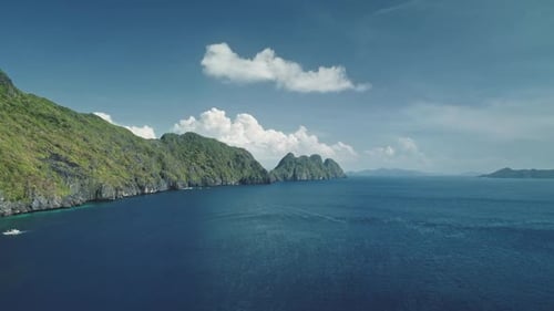 Mountainous Island at Tropical Ocean Gulf Aerial View Panoramic Scene of Green Forest at Hill