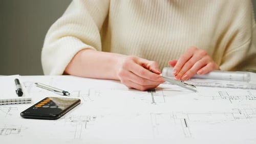 Architect Designer Counting on a Calculator Drawing Plan Blueprint Closeup
