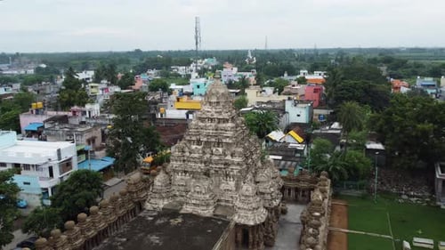 Pull back shot of Kailasanathar temple in Kanchipuram, Tamil Nadu. Aerial view of the Temple tower w