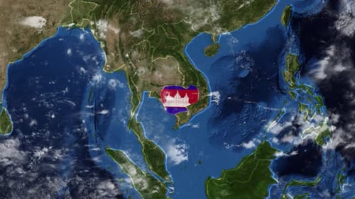 Earth Zoom to Cambodia Map with Flag Reveal Animation