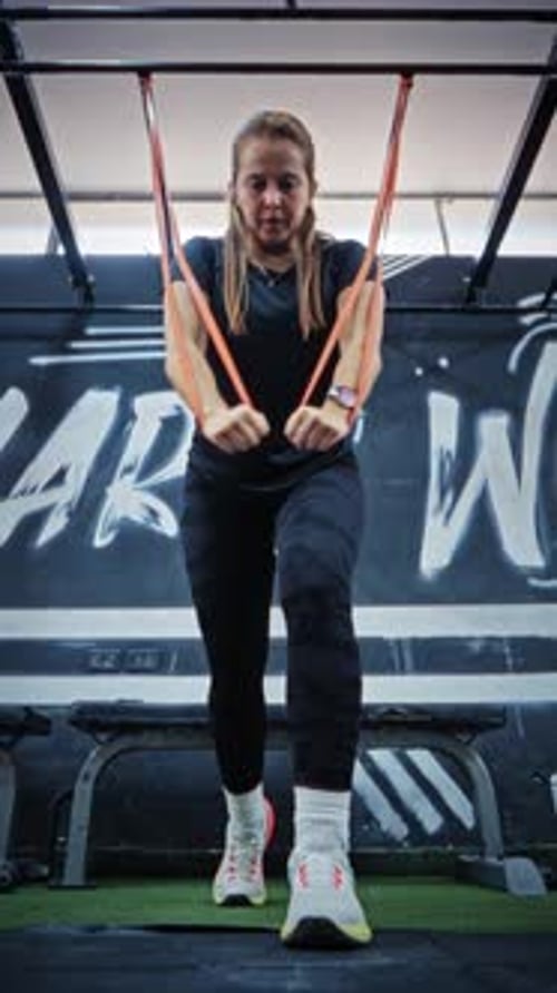 Vertical Video of Female Training with Resistance Bands at Gym