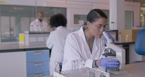 Scientist Looking trough Microscope in Pharmaceutical Laboratory