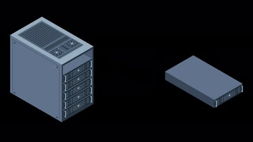 Isometrische Serveranimation. Server-Racks. Serverboxen isoliert. Netzwerk-Serverraum