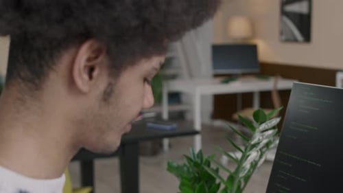 Biracial IT Programmer Working on Desktop Computer in Office