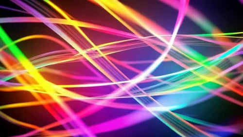Abstract glowing rainbow neon lines motion background with c