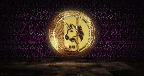 Boucle de pièces dorées à cryptomonnaie Uniswap Uni sur écran numérique