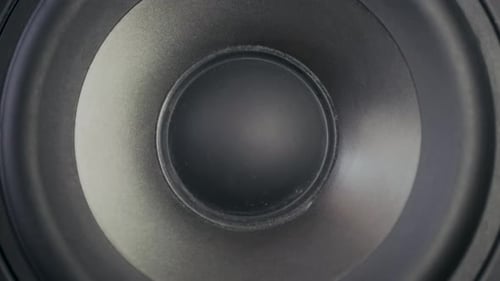 Speaker cone in out pumping from bass sound.Vibrating loud sound speaker. Front view.