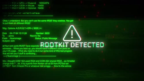 Rootkit hat Aufmerksamkeiten erkannt, Bildschirmbewegung auf abstrakter Technologie, Hintergrund, grüne Farbe