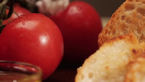 Delicious Tapas Bread with Tomatoes Pasta with Olive Oil Closeup Bruschetta with Red Sauce Ketchup