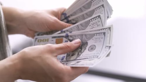 Close Up Woman Hands Counting Cash Money 1000 American Dollars Banknotes Income Winner and Business