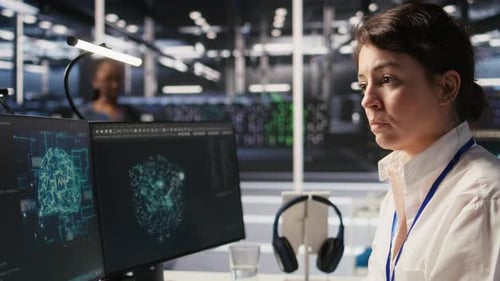 Software Developer Monitoring Server Clusters Performing AI Training Close Up