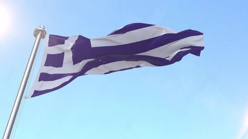 Realistic Greek Flag Waving Against Blue Sky