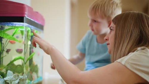 Mother and Young Son Closely Observe Fish Inside Aquarium