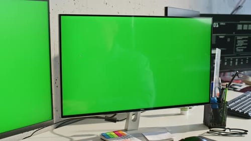 Chromakey Computer Standing Table at Light Office Interior Zoom Out Man Working