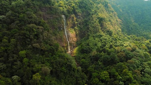 Scenic view of a Costa Rica rainforest waterfall flowing between lush mountains