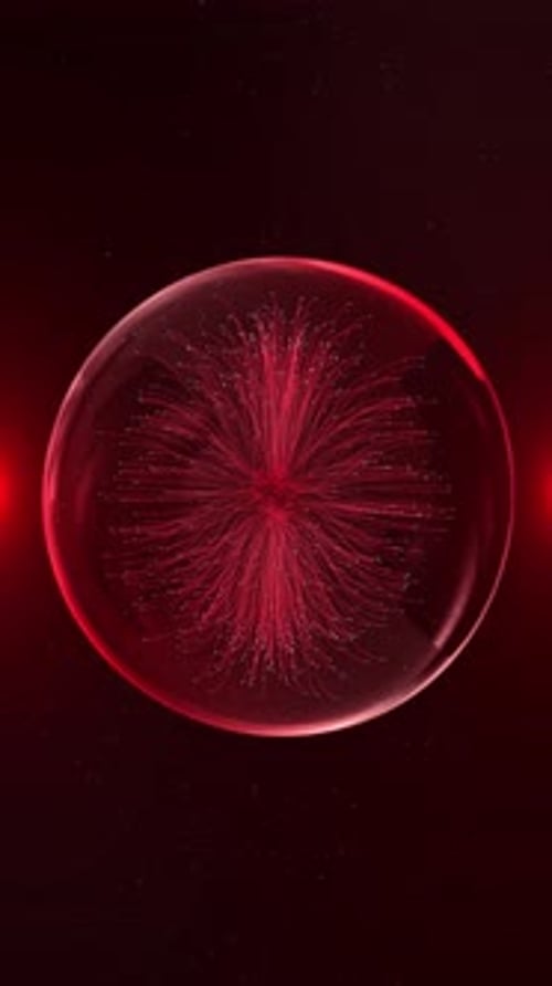 Abstract Red Particle Burst in Glass Sphere Animation