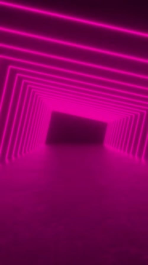 A loop of futuristic neon tube lights glowing on a concrete floor in a dark tunnel.