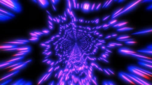 Abstract tunnel of glowing violet and blue light beams converging into a vanishing point