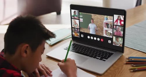 Boy Attends School Online Video Conference