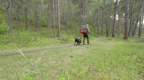 A man walking trough the forest with his dog