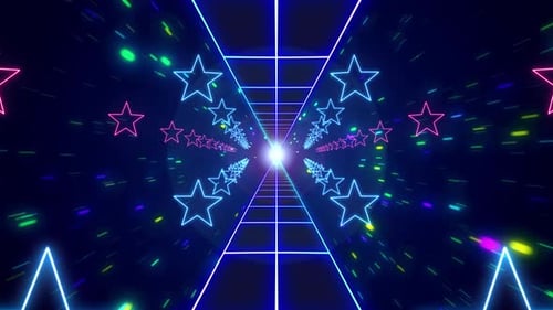 Futuristic Neon Grid Tunnel with Pulsating Stars Background Loop