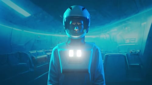 Una mujer astronauta con un traje espacial a bordo de la estación orbital Una joven cosmonauta pilota un