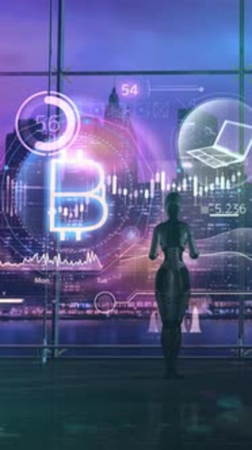 Futuristic AI Robot Interacting with Holographic Bitcoin Data Interface