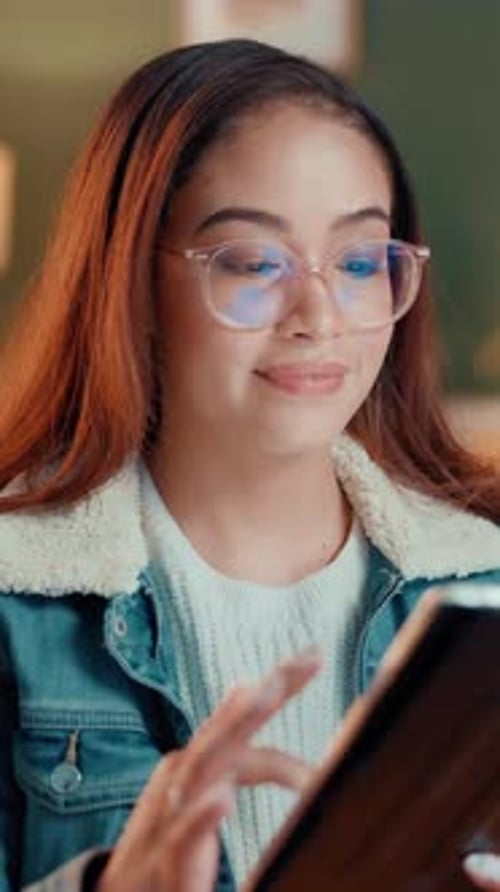 Happy, creative and woman with tablet, office and influencer with tech for video editing and online