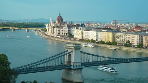A view of the Danube River and Budapest city with cruise boats and a view of the Hungarian parliamen