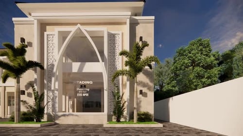 Modern building with archway and palm trees