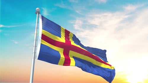 Åland Flag Waving in Wind Against Dynamic Sky
