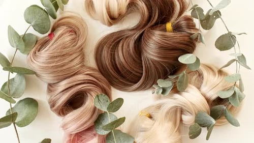 Blond Brown Shiny Wavy Hair on White Background Shiny Woman Hair Strand Curl Hair Care and Beauty