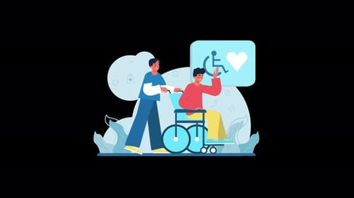 Flat Design Animation of Caregiver Assisting Person in Wheelchair