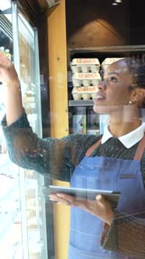 Saleswoman managing organic food store inventory with digital tablet