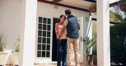 Phone, box and woman at door with delivery man for online shopping, logistics
