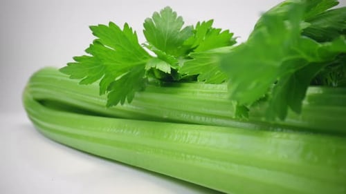 Macro Shot Fresh Green Celery Stalks Lying on White Board Isolated White Studio Background