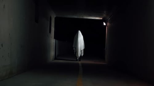 Ghostly Figure Walks Through Dark Underground Tunnel