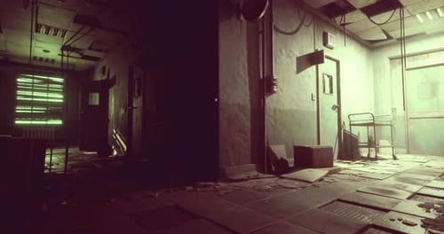Abandoned Hallway with Green Lighting and Debris in a Derelict Building