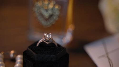 Close Up View of the Engagement Ring in the Dark Velvet Ring Box Wedding Jewelry