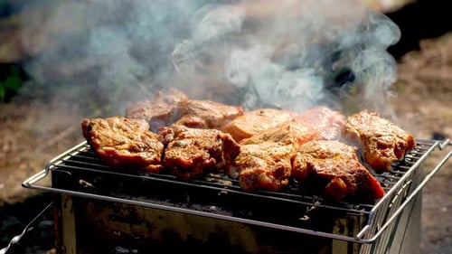 Grilling Shashlik Kebab on Barbecue Grill Outdoors Preparing Juicy Meat Kebab on Skewer in Smoke