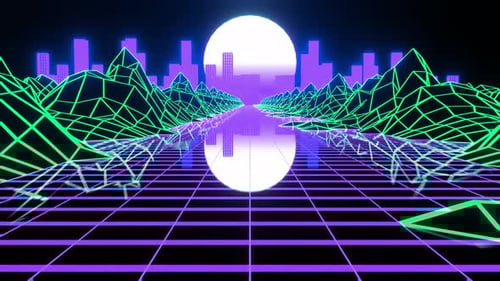 Seamless Loop, animation rétro des années 1980 volant à travers les rochers vers le soleil et Cyberpunk Pink City