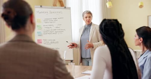 Mulheres, quadro branco e coaching no escritório para estratégia de marketing, workshop e feedback
