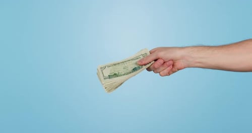 Hand in studio, money offer and dollars for bribe, prize or payment for services, saving and income