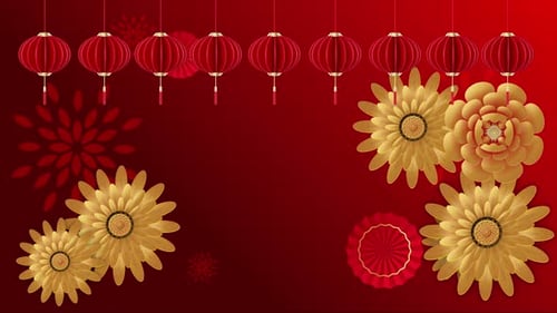 Chinese New Year Festive Background with Red Lanterns and Golden Flowers