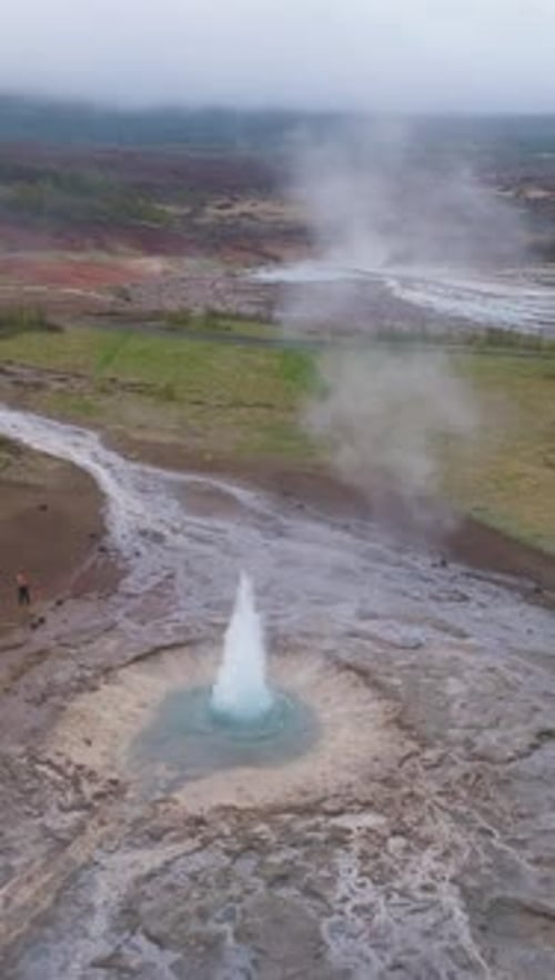 Strokkur Geyser Eruption Iceland Aerial View Vertical Video