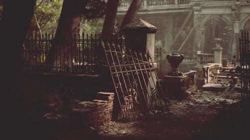 Ruins of a European Mansion in Overgrown Gardens and Ironwork