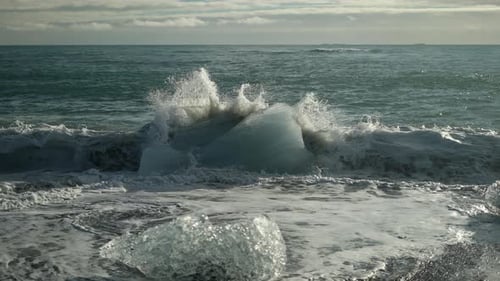 Iceberg Hit By Waves On Diamond Beach