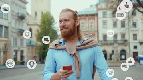 Young Bearded Man Use Phone Walking on City Street Successful Elegant Confident Man Vlogger