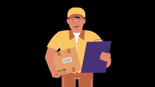 delivery man in uniform with ecommerce parcel animation